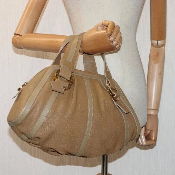 BVLGARI Hand Bag Leather Beige Gold Auth